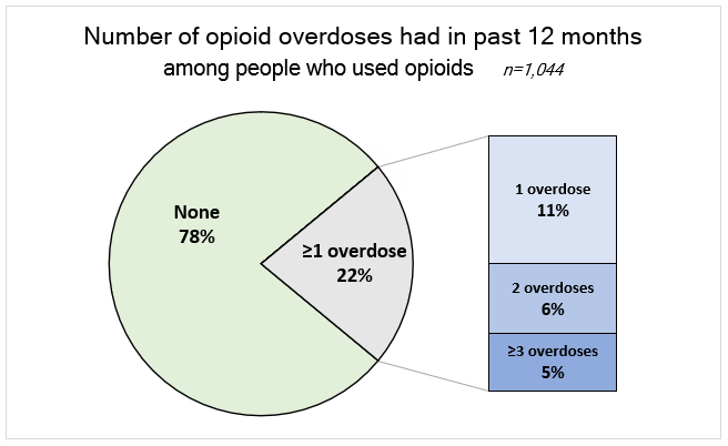 Pie chart: Number of opioid overdoses had in past 12 months among people who used opioids. Described above.