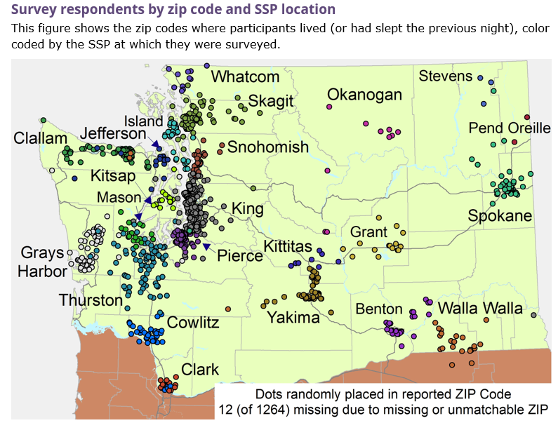 Survey respondents by zip code and ssp location (map with dots showing locations)