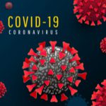 Viral particles with words COVID-19 coronavirus