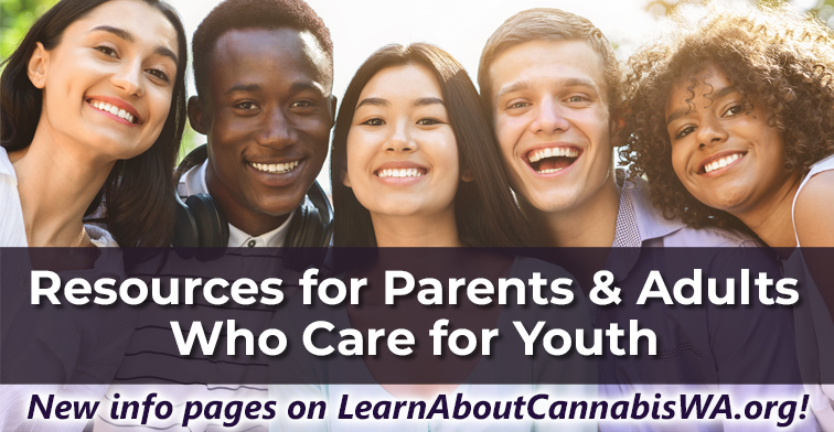 Photo of 5 teens of different genders and races with text that reads "Resources for Parents & Adults Who Care for Youth, new info pages on LearnAboutCannabisWA.org!"