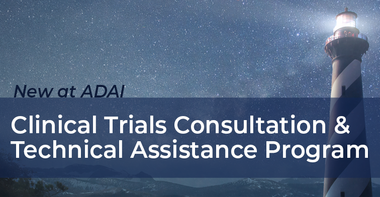 A lighthouse on a dark sky background with the text: New at ADAI: Clinical Trials Consultation & Technical Assistance Program
