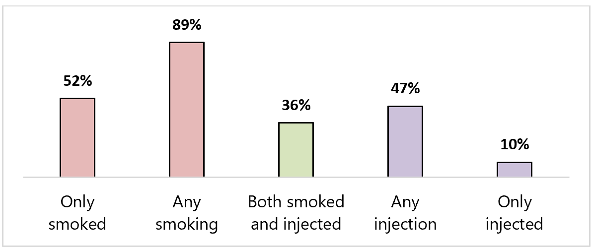 Figure 4: Routes of drug administration in the past week. Only smoked: 52%. Any smoking: 89%. Both smoked and injected: 36%. Any injection: 47%. Only injected: 10%.