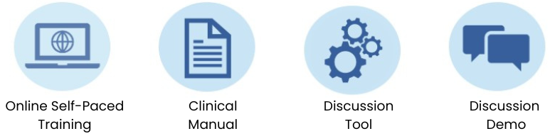 Icons showing the 4 resources in CannTalk: Online self-paced training, clinical manual, discussion tool, discussion demonstration