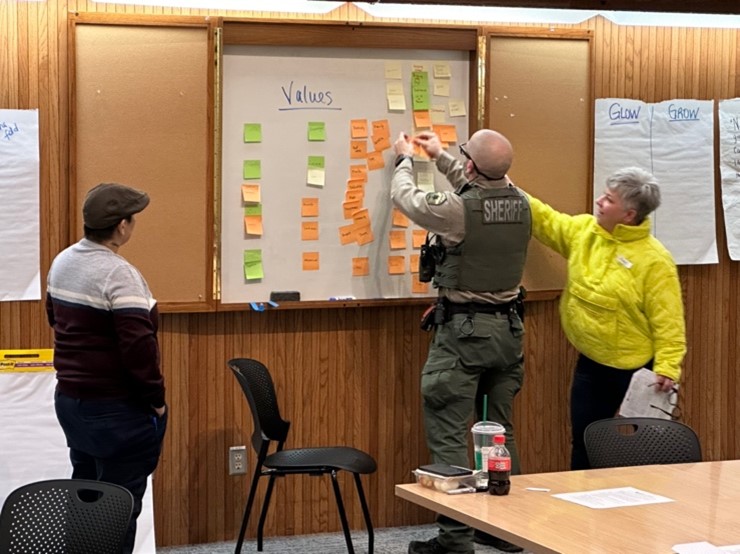 Group of people, including uniformed police officer, working on a whiteboard activity