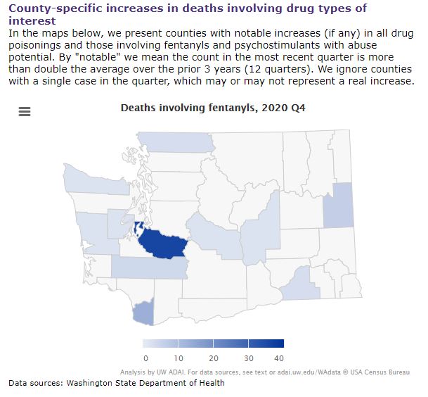 Map of WA counties showing 11 with notable increases in deaths from fentanyls in Q4 2020: Pierce
Clark, Spokane, Walla Walla, Grant, Kittitas, Whatcom, Clallam, Mason,
Grays Harbor, Lewis