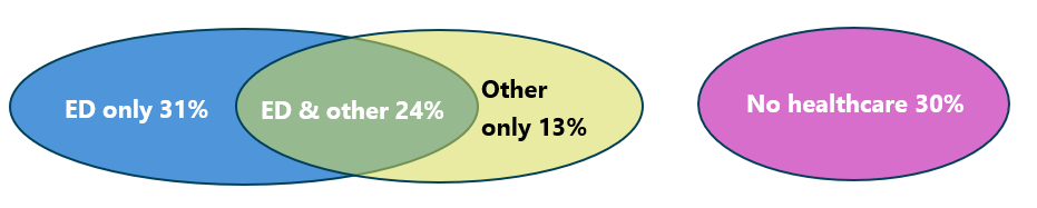 Venn-type diagram with two circles overlapping: “ED only 31%” overlaps with “Other only 13%” to create a middle section for “ED & other 24%.” Off to the right is another circle alone that reads “No healthcare 30%”