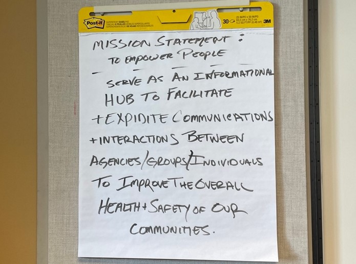 Large pad of paper on the wall with "Mission statement" written at the top and some text written below