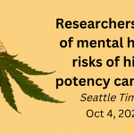 Image of "shatter" cannabis product with cannabis leaf resting at side and text Researchers warn of mental health risks of high-potency cannabis, Seattle Times, Oct 4, 2022
