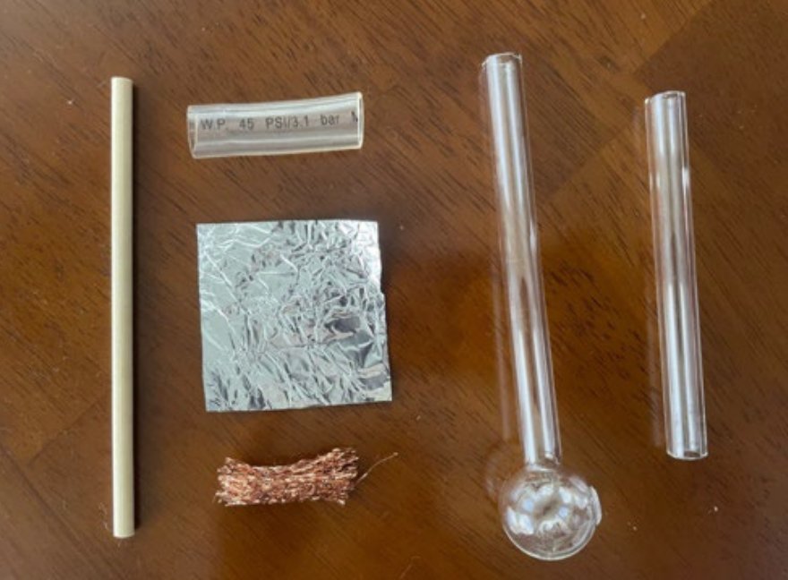 pipe, tin foil, and other components of a safer smoking kit