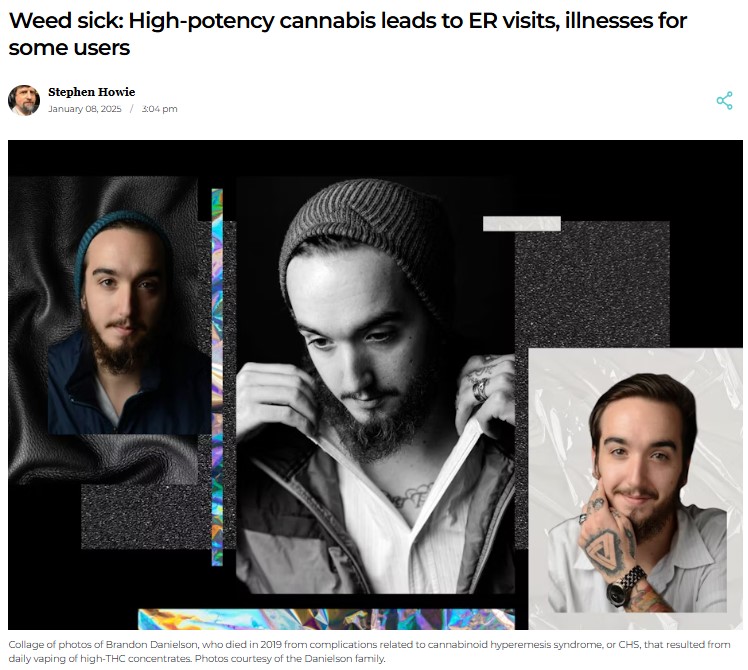 Screenshot from the article, titled "Weed sick: High potency cannabis leads to ER visits, illnesses for some users"